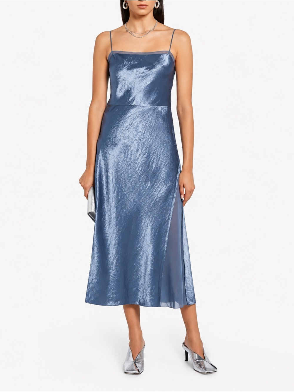 Vince Square Neck Satin Slip Midi Dress in Steel Blue